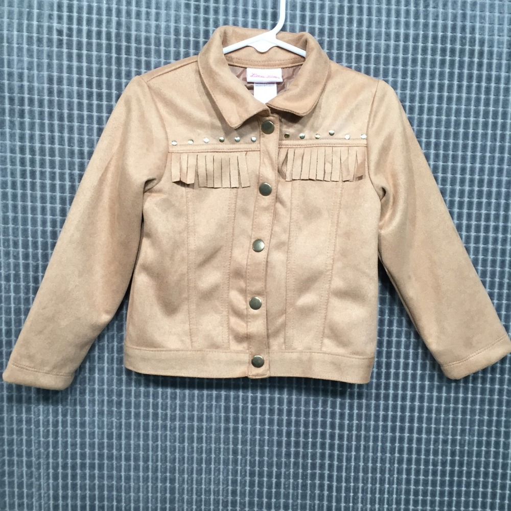 Little Lass Girls Jacket Faux Suede Fringe Studded 3T Tan